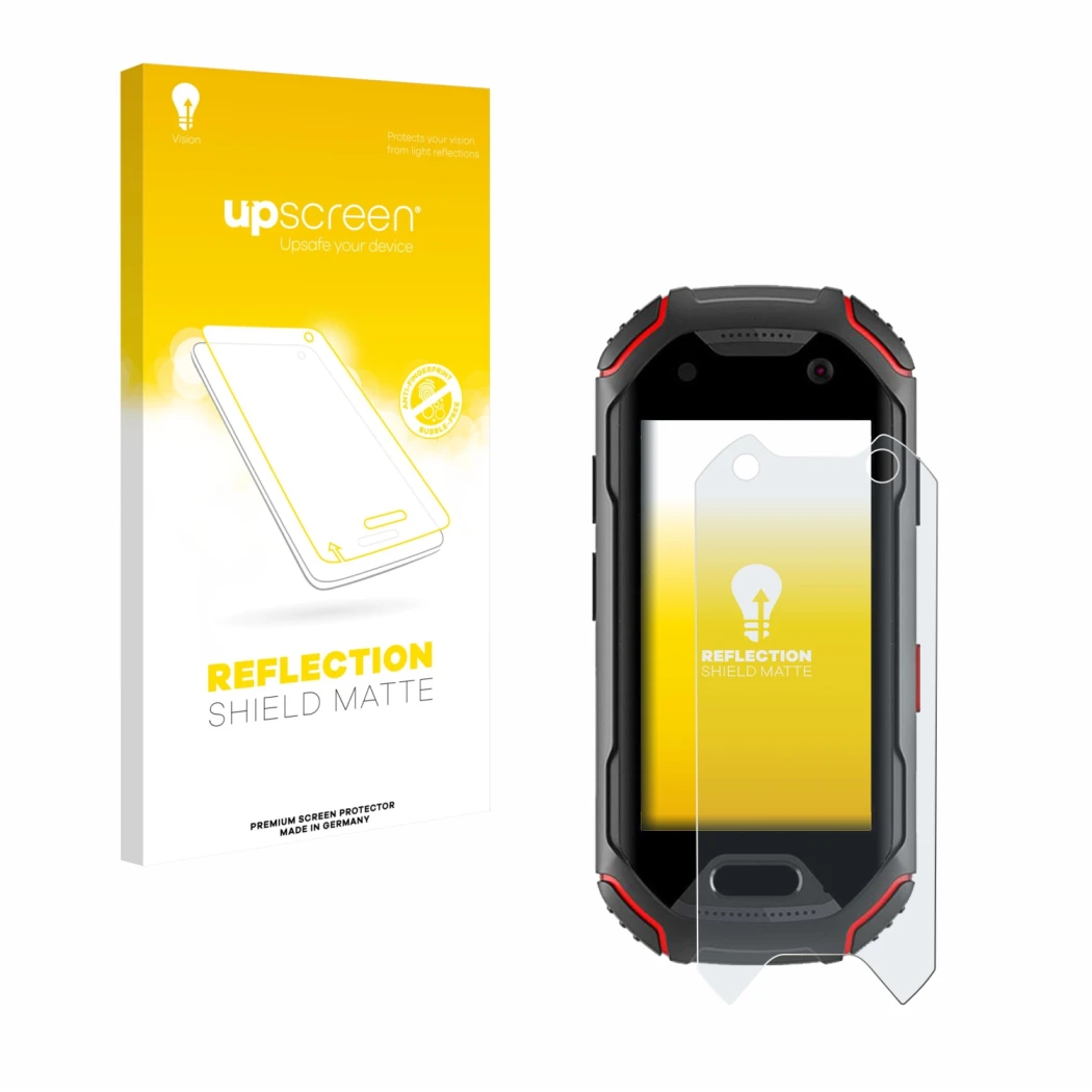 Parte frontale di una confezione del prodotto con il logo del marchio upscreen. Accanto è raffigurato il dispositivo Unihertz