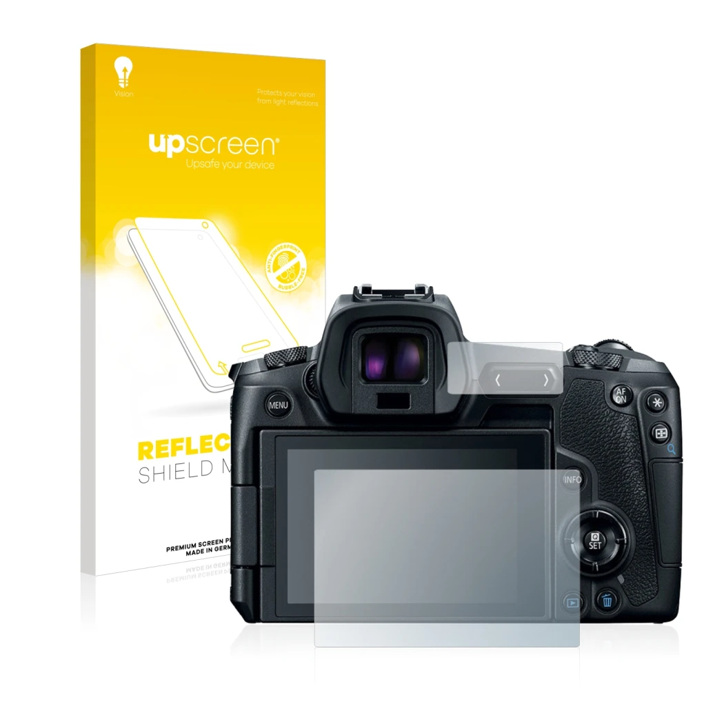 Parte frontale di una confezione del prodotto con il logo del marchio upscreen. Accanto è raffigurato il dispositivo Canon EOS