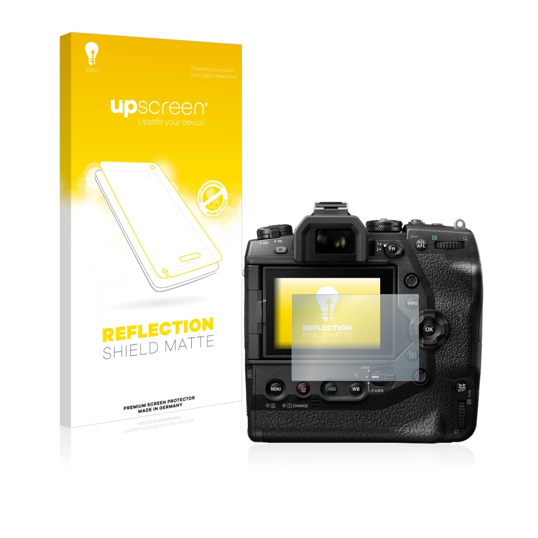 Parte frontale di una confezione del prodotto con il logo del marchio upscreen. Accanto è raffigurato il dispositivo Olympus O