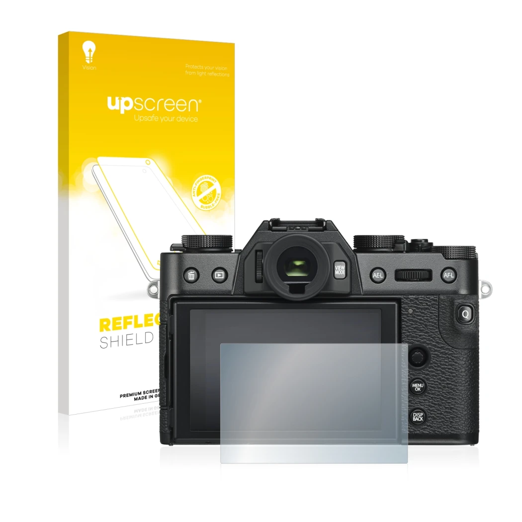 Parte frontale di una confezione del prodotto con il logo del marchio upscreen. Accanto è raffigurato il dispositivo Fujifilm