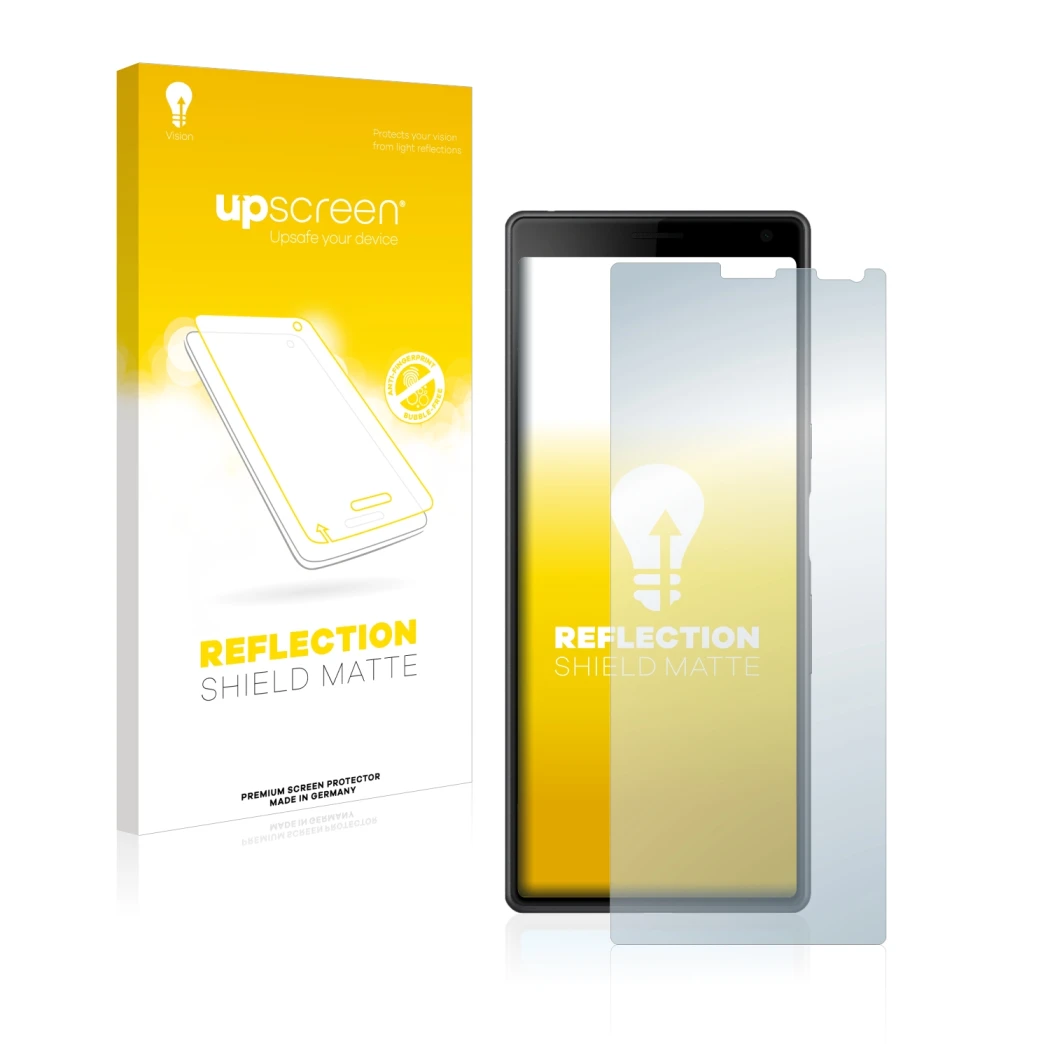 Parte frontale di una confezione del prodotto con il logo del marchio upscreen. Accanto è raffigurato il dispositivo Sony Xper