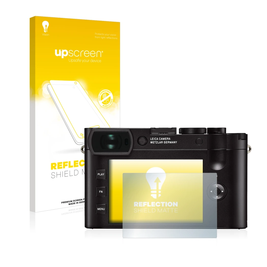 Parte frontale di una confezione del prodotto con il logo del marchio upscreen. Accanto è raffigurato il dispositivo Leica Q2 