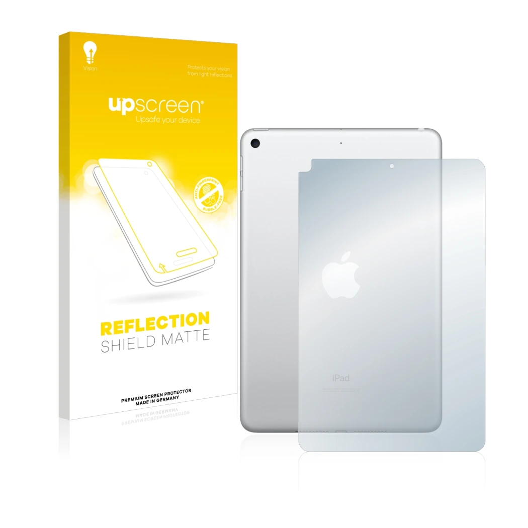 Parte frontale di una confezione del prodotto con il logo del marchio upscreen. Accanto è raffigurato il dispositivo Apple iPa