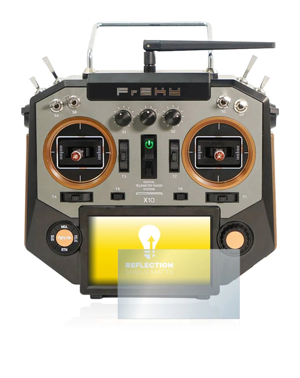 Immagine del dispositivo FrSky Horus X10 con un'ampia varietà di protezioni per lo schermo.