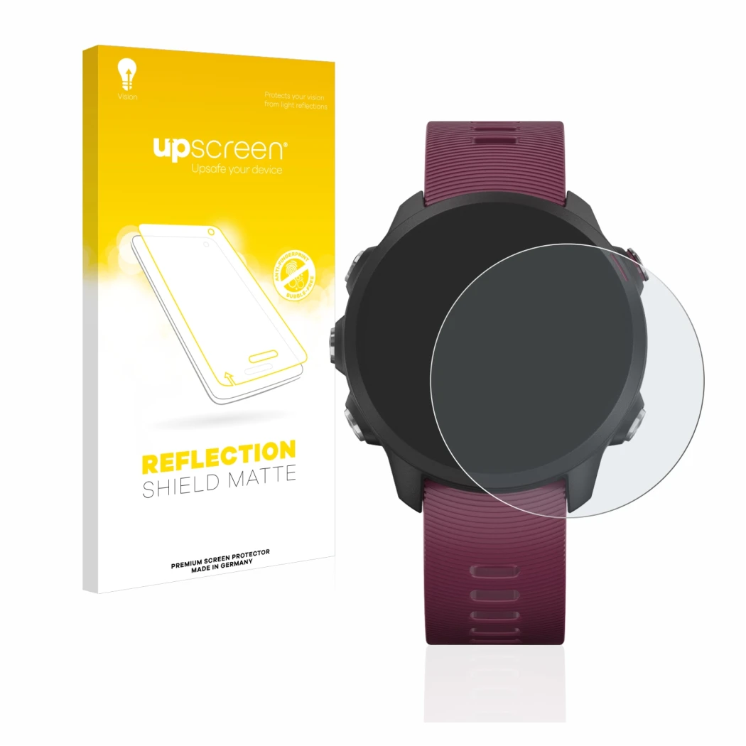 Parte frontale di una confezione del prodotto con il logo del marchio upscreen. Accanto è raffigurato il dispositivo Garmin Fo