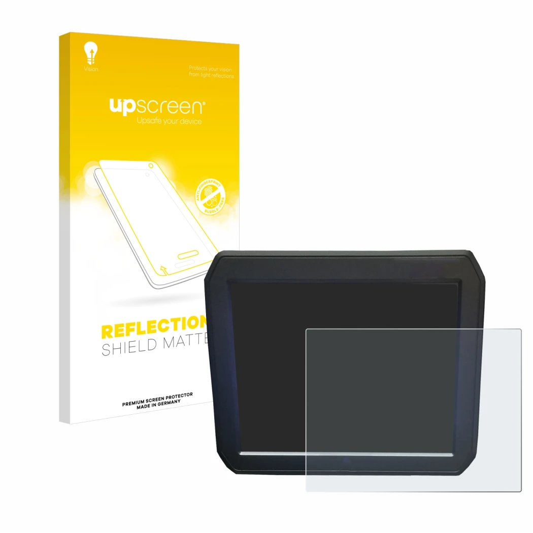 Parte frontale di una confezione del prodotto con il logo del marchio upscreen. Accanto è raffigurato il dispositivo Keyence I