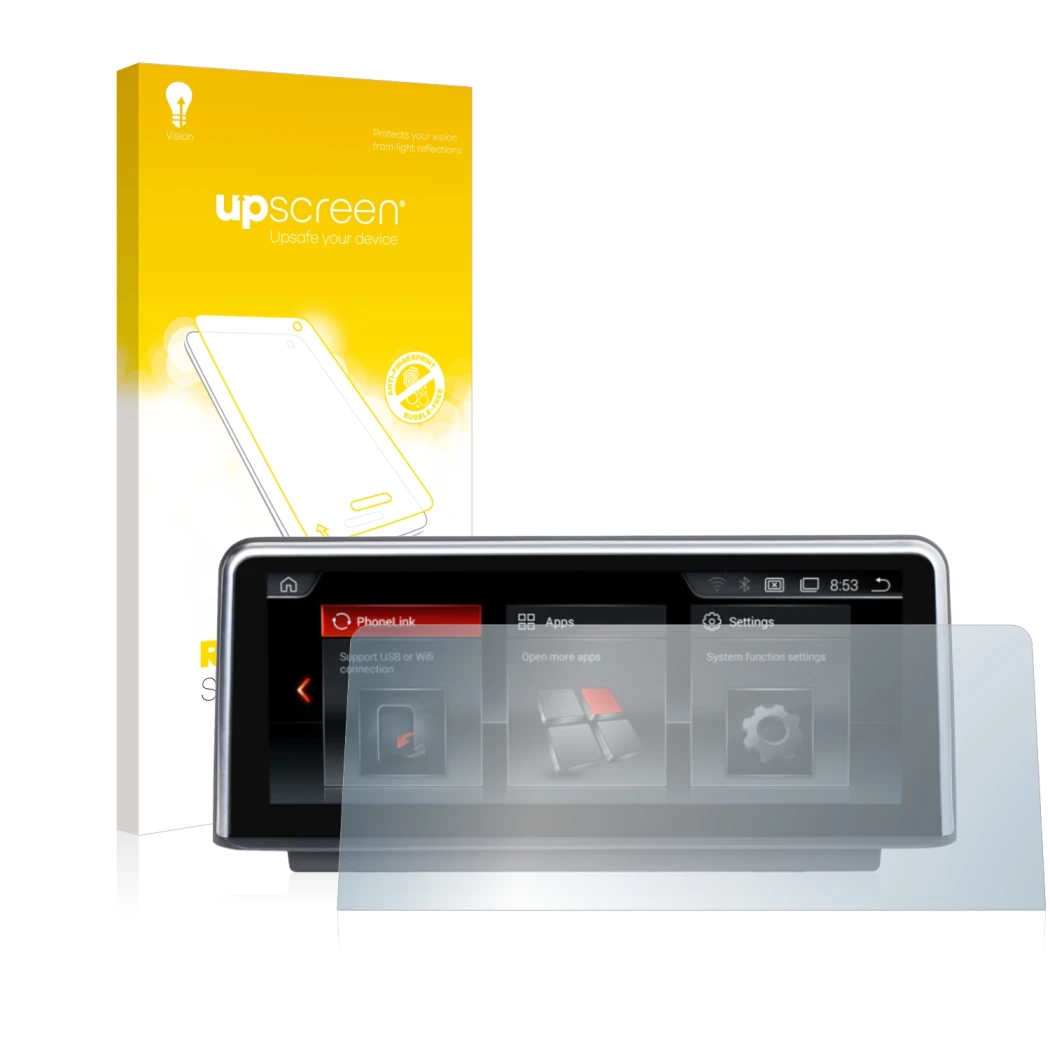 Parte frontale di una confezione del prodotto con il logo del marchio upscreen. Accanto è raffigurato il dispositivo NaviFly A