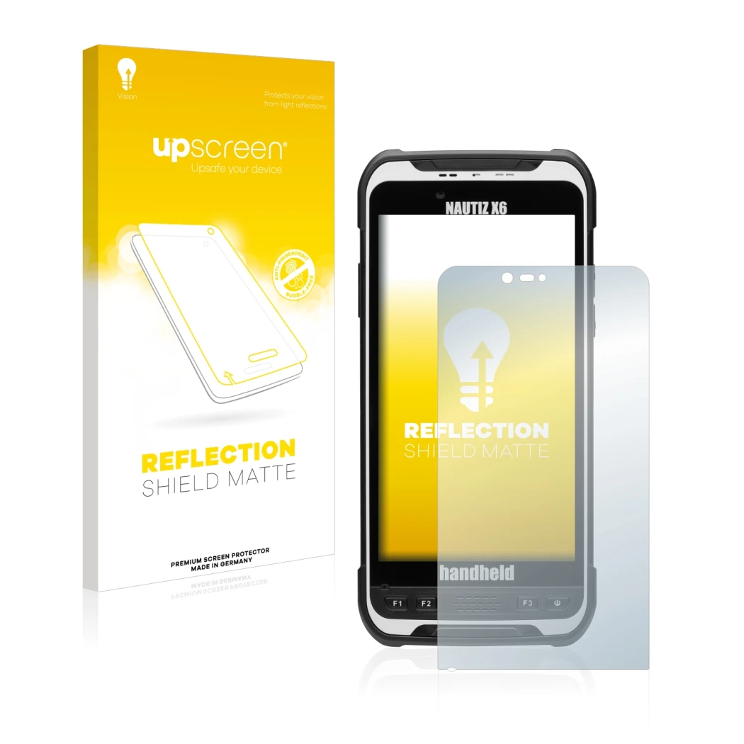 Parte frontale di una confezione del prodotto con il logo del marchio upscreen. Accanto è raffigurato il dispositivo Handheld 