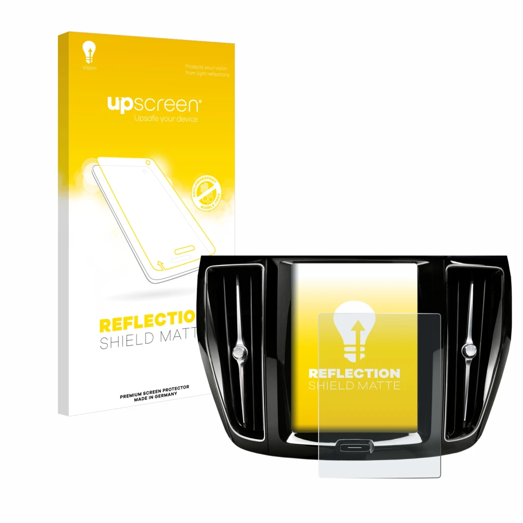 Parte frontale di una confezione del prodotto con il logo del marchio upscreen. Accanto è raffigurato il dispositivo Volvo V60