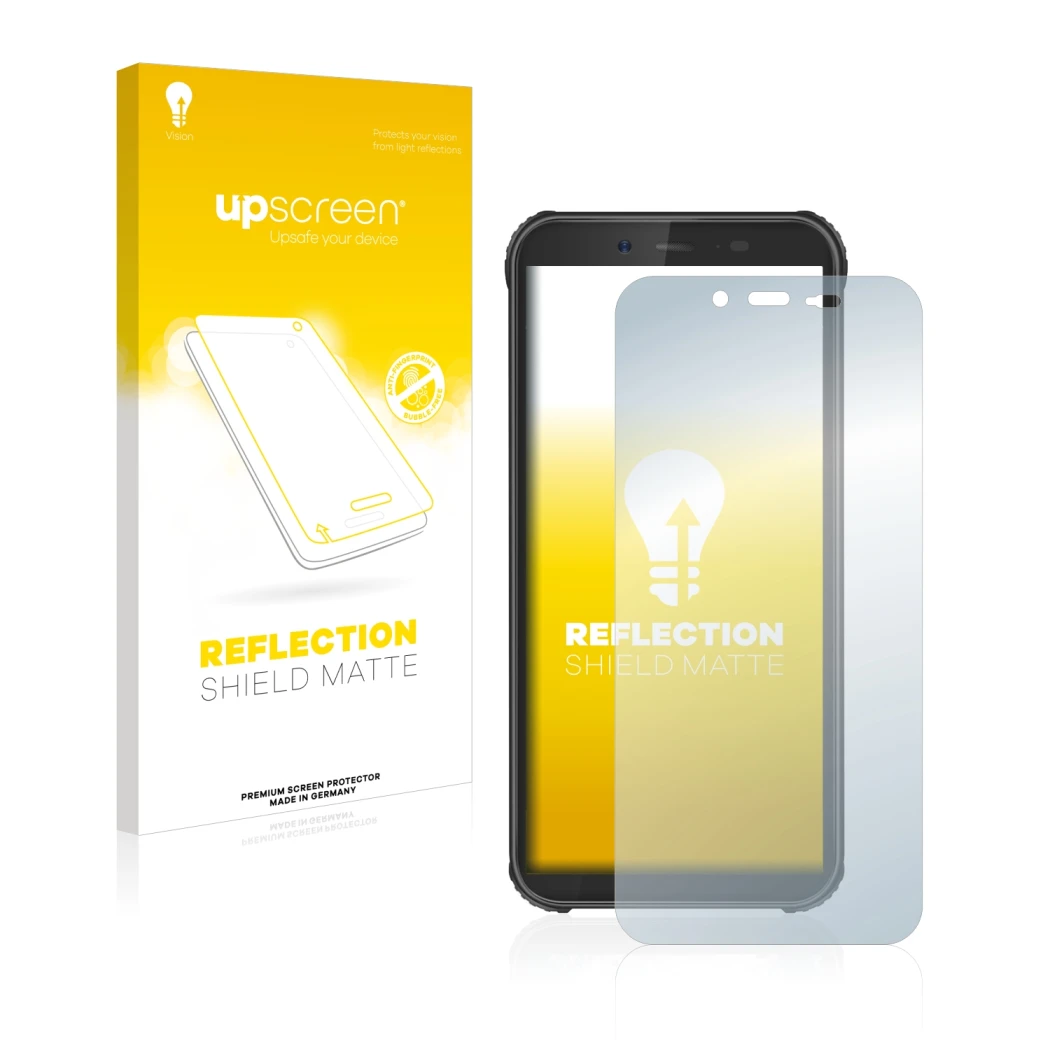 Parte frontale di una confezione del prodotto con il logo del marchio upscreen. Accanto è raffigurato il dispositivo Blackview