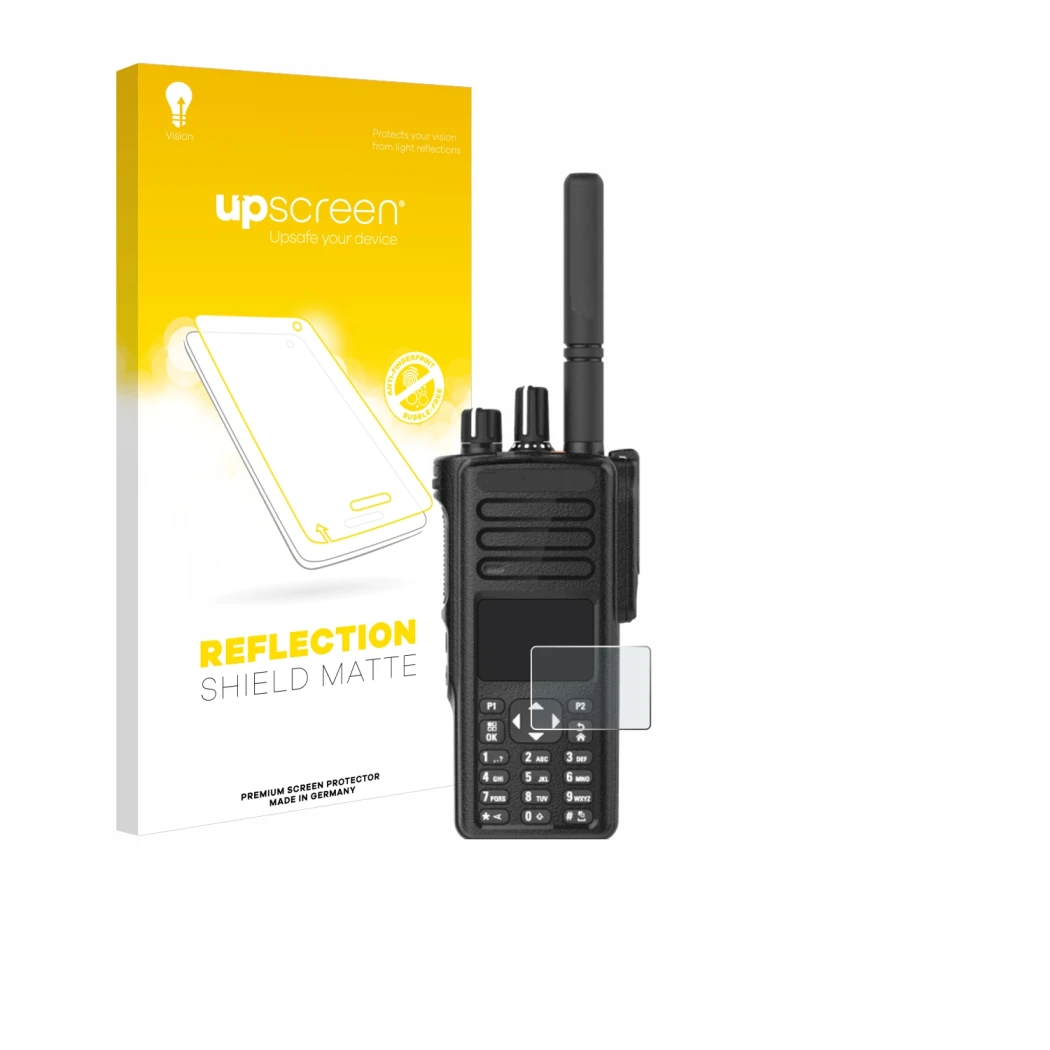 Parte frontale di una confezione del prodotto con il logo del marchio upscreen. Accanto è raffigurato il dispositivo Motorola 