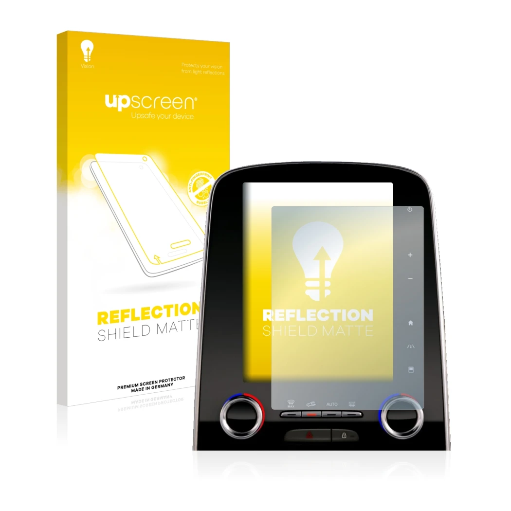 Parte frontale di una confezione del prodotto con il logo del marchio upscreen. Accanto è raffigurato il dispositivo Renault E