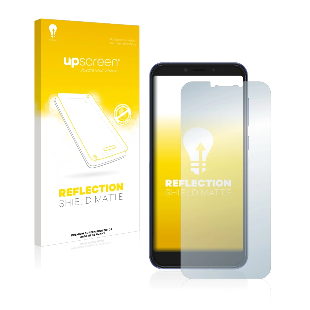 Parte frontale di una confezione del prodotto con il logo del marchio upscreen. Accanto è raffigurato il dispositivo Alcatel 1