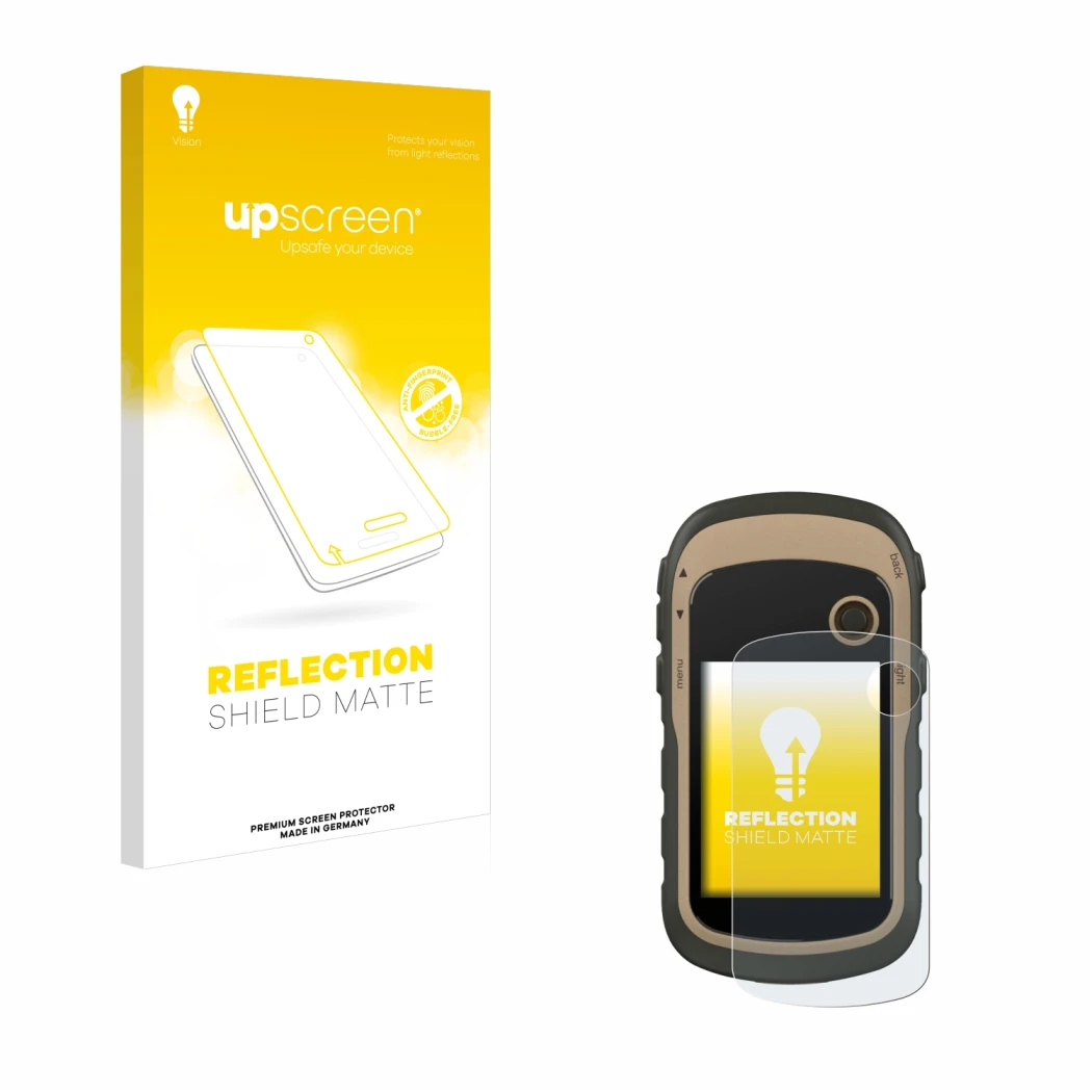 Parte frontale di una confezione del prodotto con il logo del marchio upscreen. Accanto è raffigurato il dispositivo Garmin eT