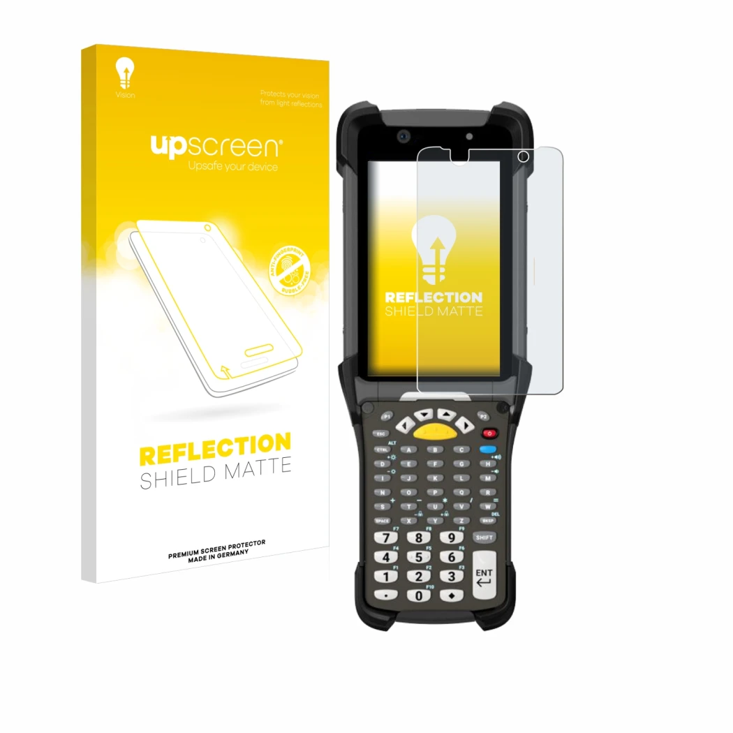 Parte frontale di una confezione del prodotto con il logo del marchio upscreen. Accanto è raffigurato il dispositivo Zebra MC9