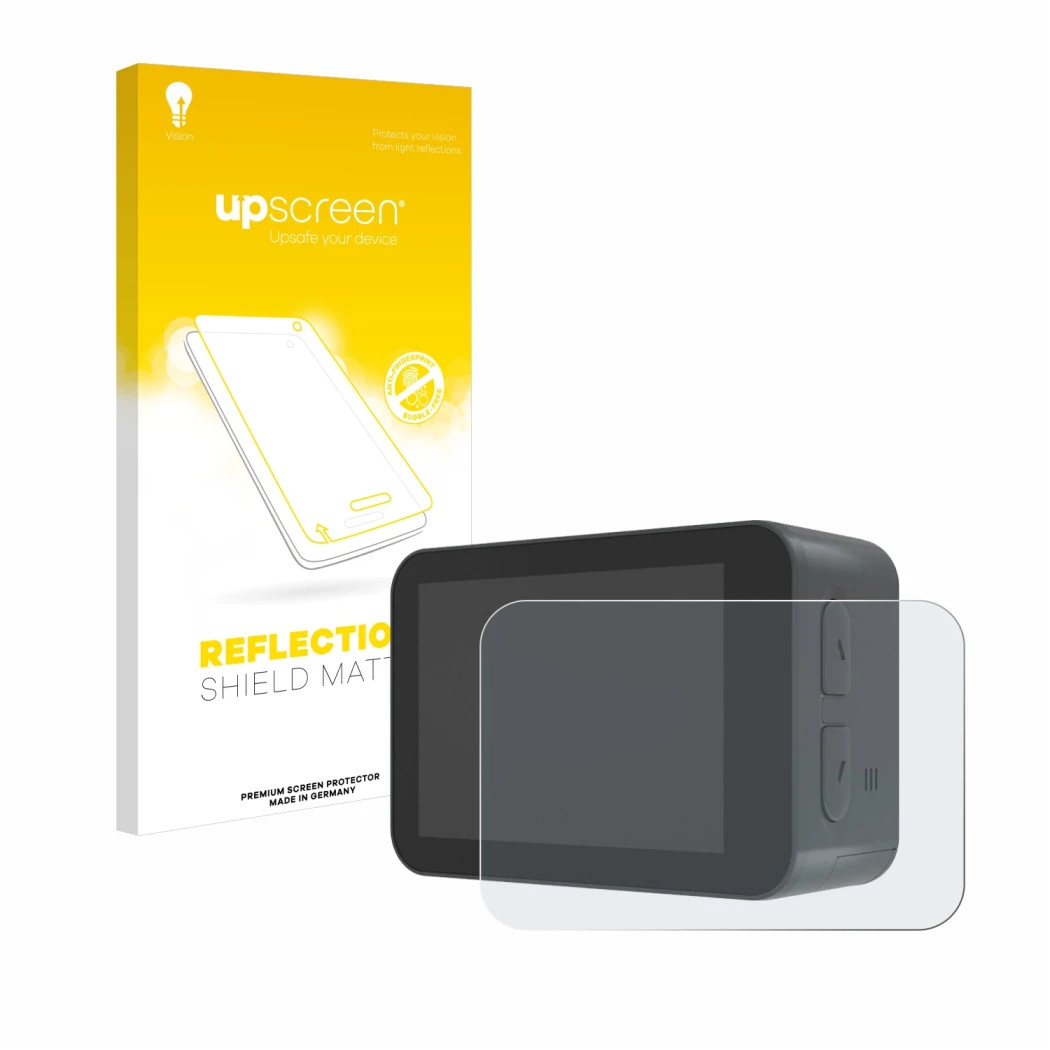 Parte frontale di una confezione del prodotto con il logo del marchio upscreen. Accanto è raffigurato il dispositivo Akaso V50
