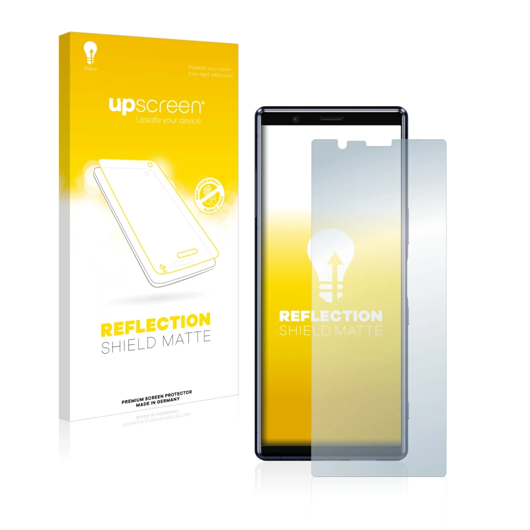 Parte frontale di una confezione del prodotto con il logo del marchio upscreen. Accanto è raffigurato il dispositivo Sony Xper