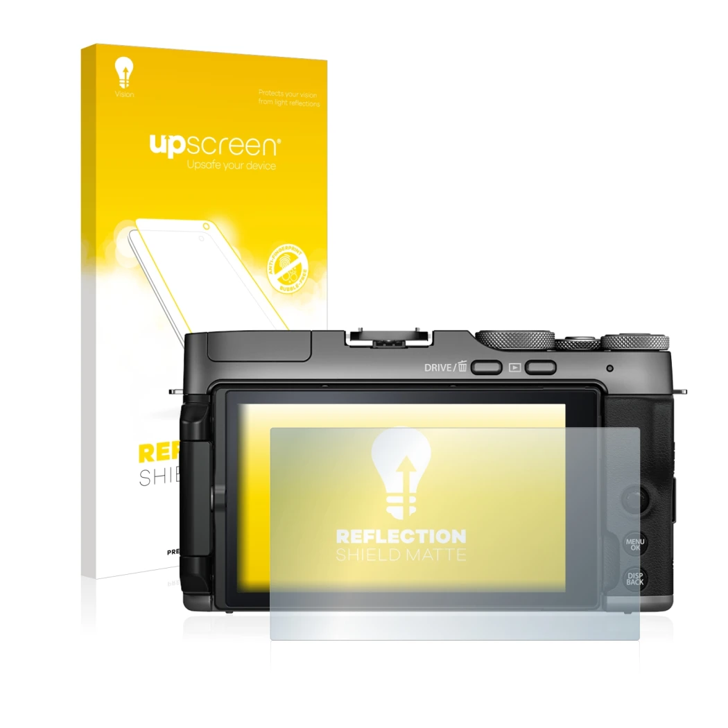 Parte frontale di una confezione del prodotto con il logo del marchio upscreen. Accanto è raffigurato il dispositivo Fujifilm