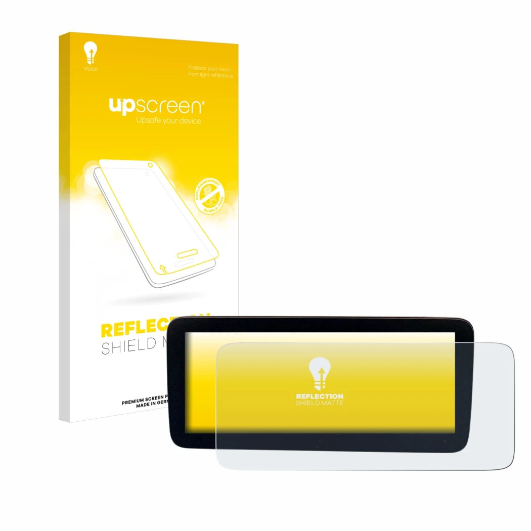 Parte frontale di una confezione del prodotto con il logo del marchio upscreen. Accanto è raffigurato il dispositivo Mercedes-