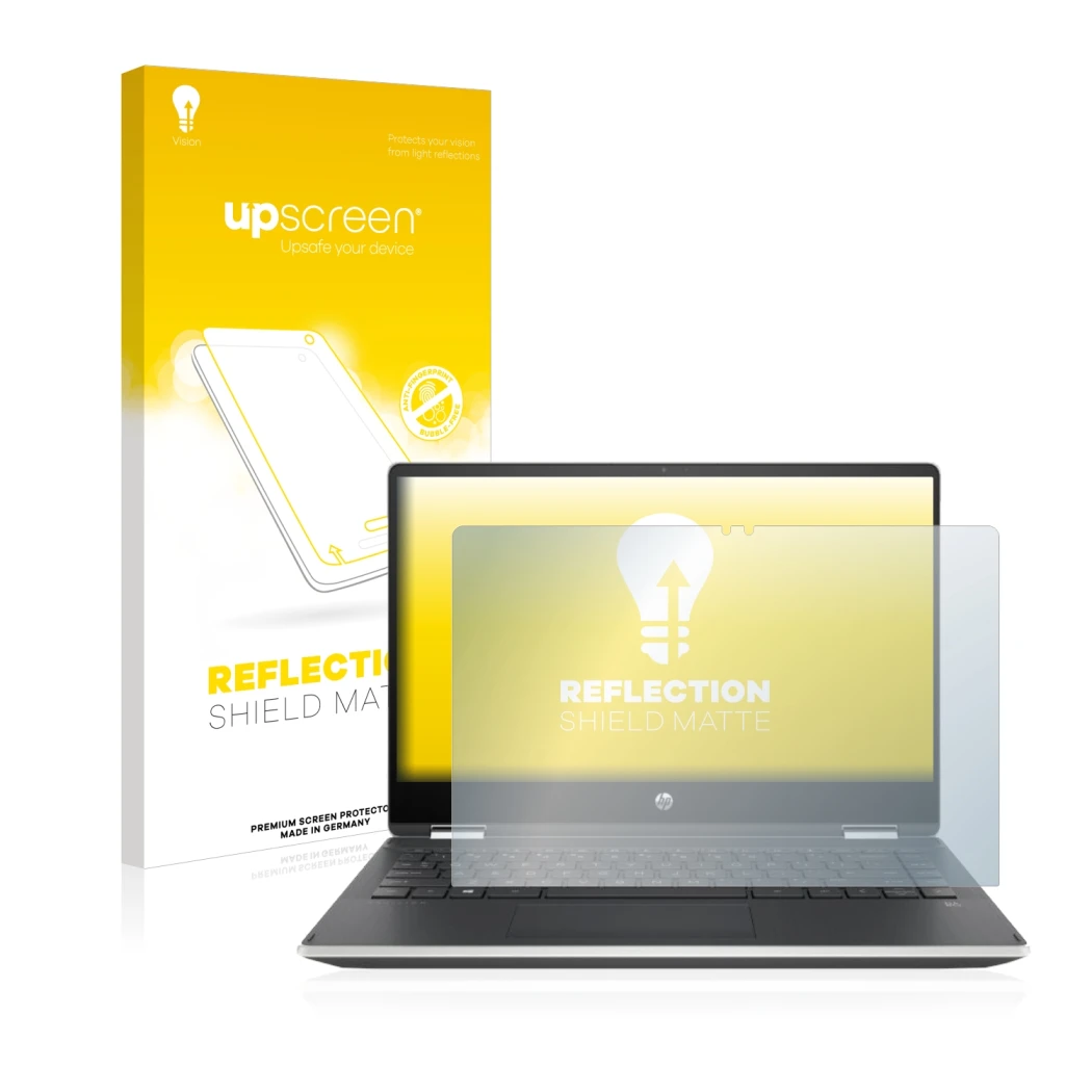 Parte frontale di una confezione del prodotto con il logo del marchio upscreen. Accanto è raffigurato il dispositivo HP Pavili