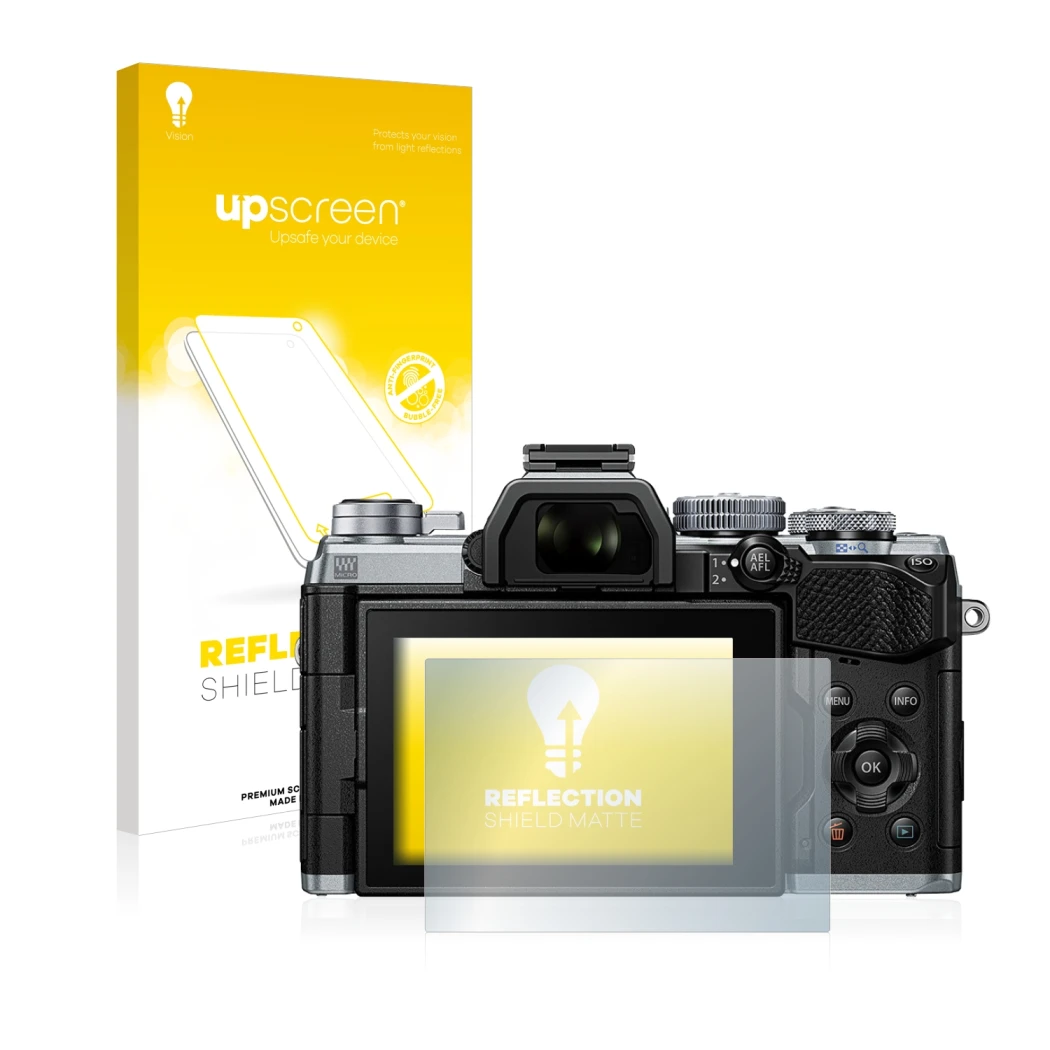 Parte frontale di una confezione del prodotto con il logo del marchio upscreen. Accanto è raffigurato il dispositivo Olympus O