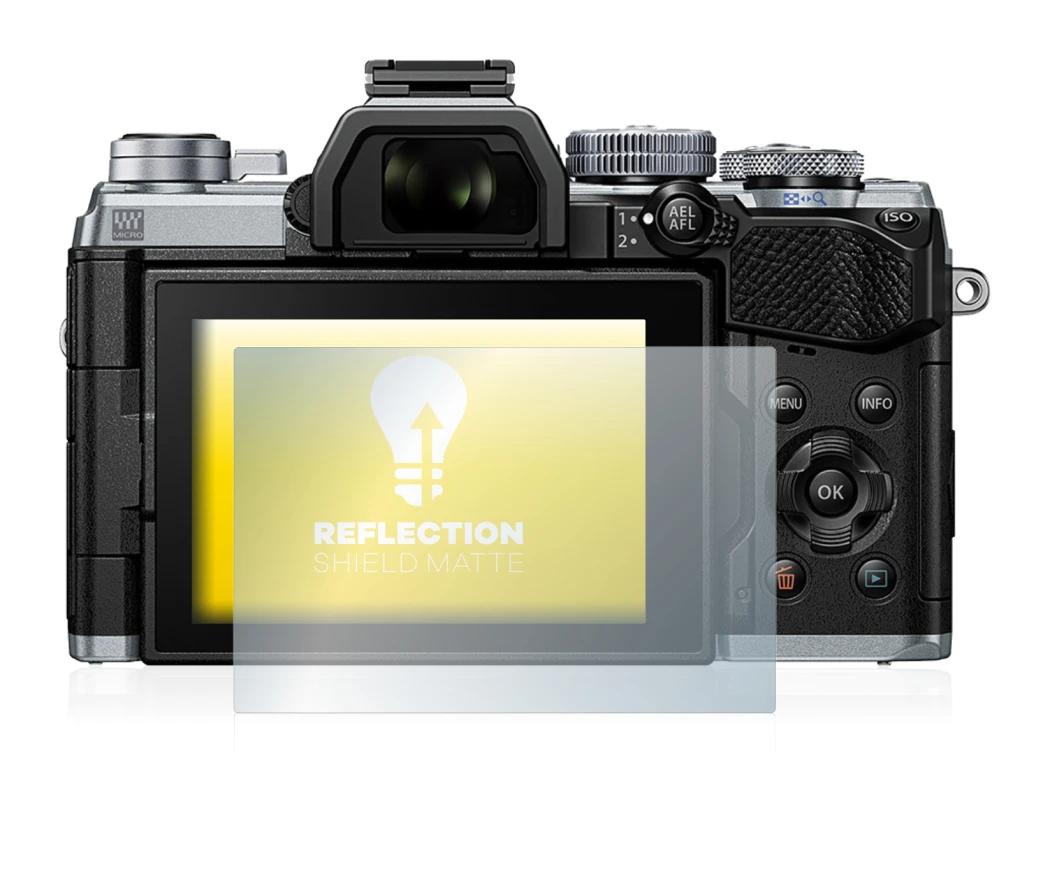 Immagine del dispositivo Olympus OM-D E-M5 Mark III con un'ampia varietà di protezioni per lo schermo.