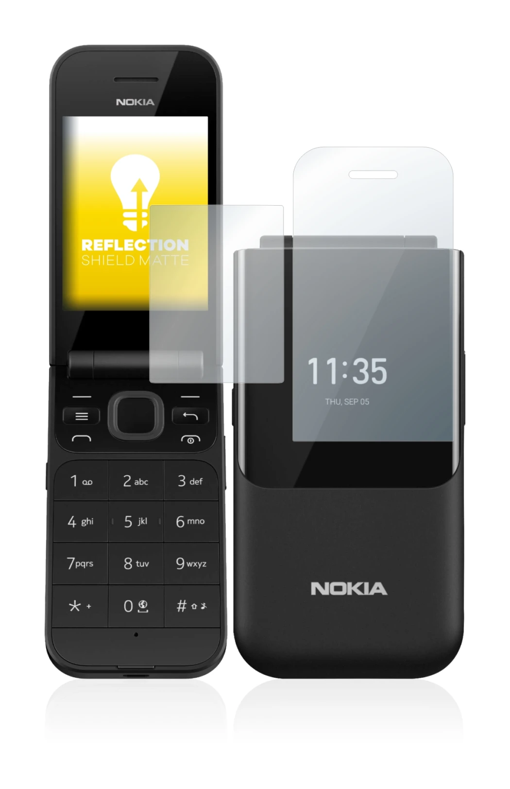 Immagine del dispositivo Nokia 2720 Flip con un'ampia varietà di protezioni per lo schermo.