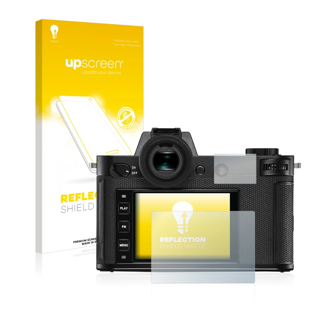 Parte frontale di una confezione del prodotto con il logo del marchio upscreen. Accanto è raffigurato il dispositivo Leica SL2