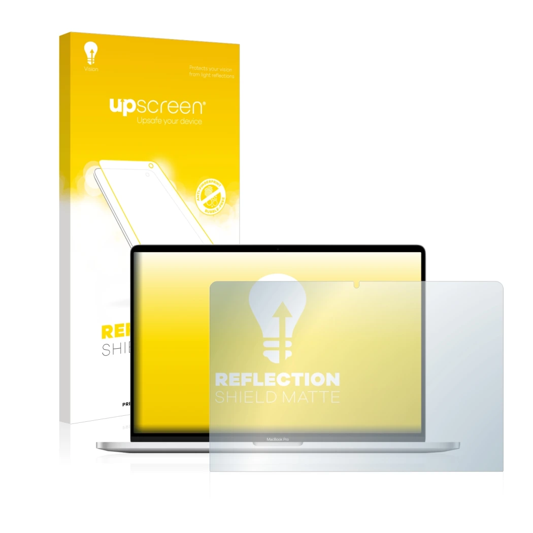 Parte frontale di una confezione del prodotto con il logo del marchio upscreen. Accanto è raffigurato il dispositivo Apple Mac