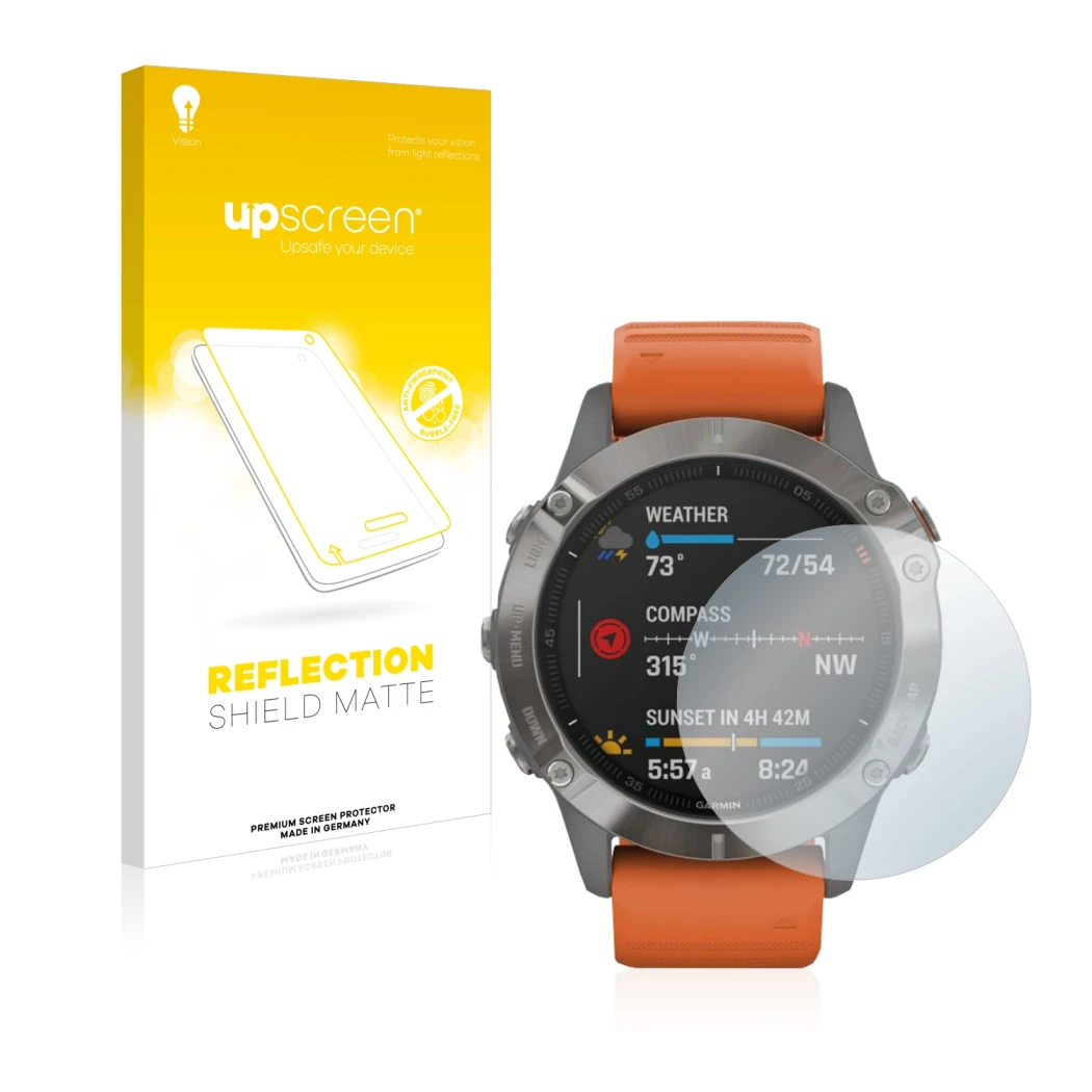 Parte frontale di una confezione del prodotto con il logo del marchio upscreen. Accanto è raffigurato il dispositivo Garmin Fe