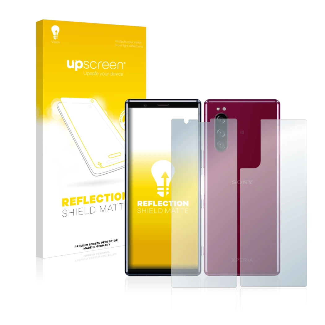 Parte frontale di una confezione del prodotto con il logo del marchio upscreen. Accanto è raffigurato il dispositivo Sony Xper