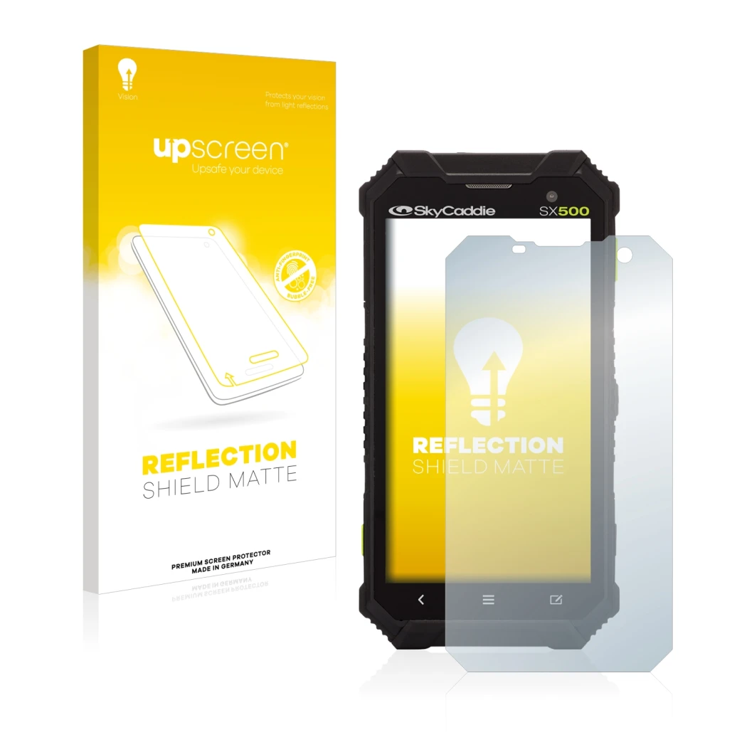 Parte frontale di una confezione del prodotto con il logo del marchio upscreen. Accanto è raffigurato il dispositivo SkyCaddie