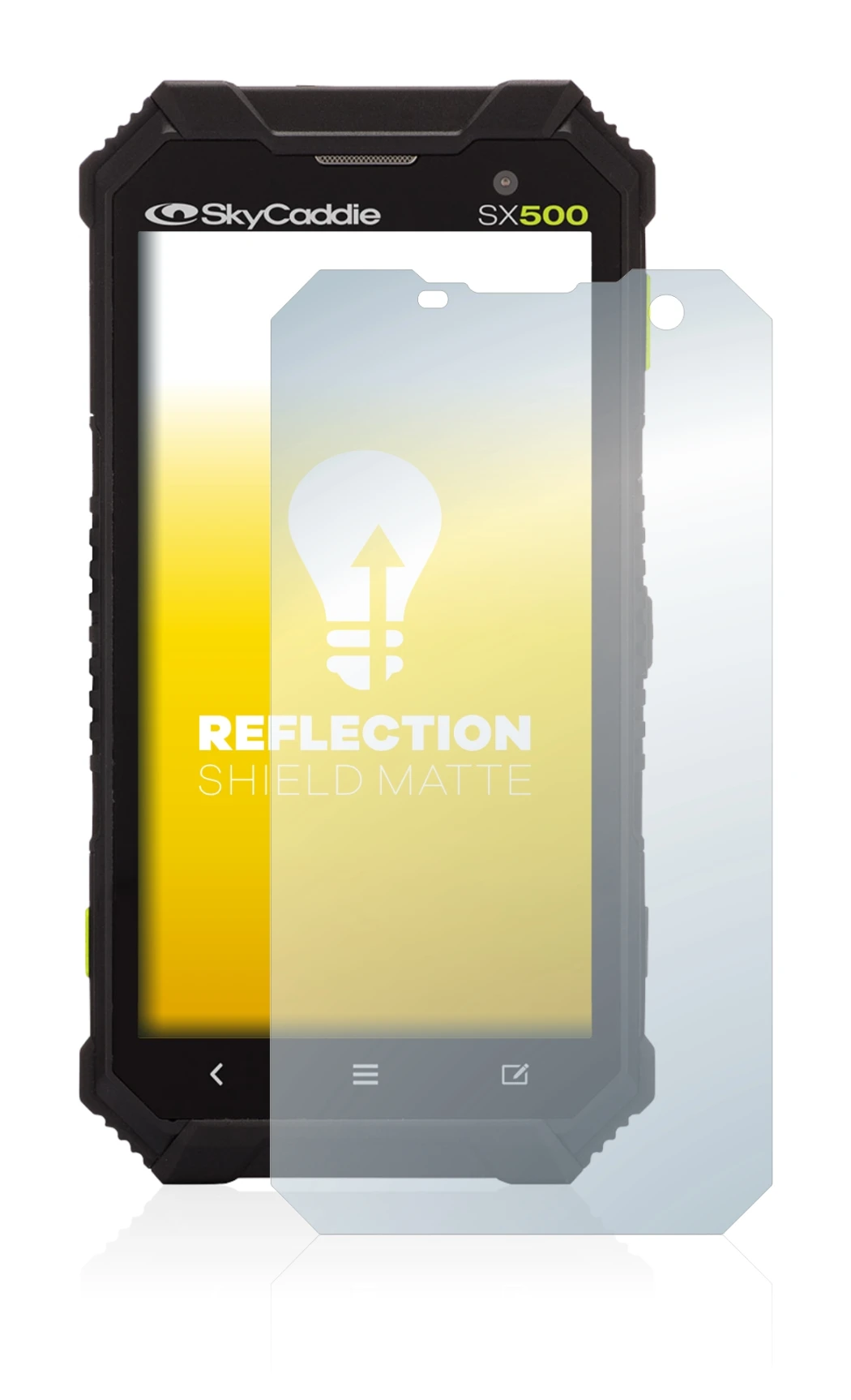 Immagine del dispositivo SkyCaddie SX500 con un'ampia varietà di protezioni per lo schermo.