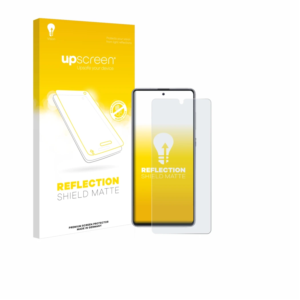 Parte frontale di una confezione del prodotto con il logo del marchio upscreen. Accanto è raffigurato il dispositivo Samsung G