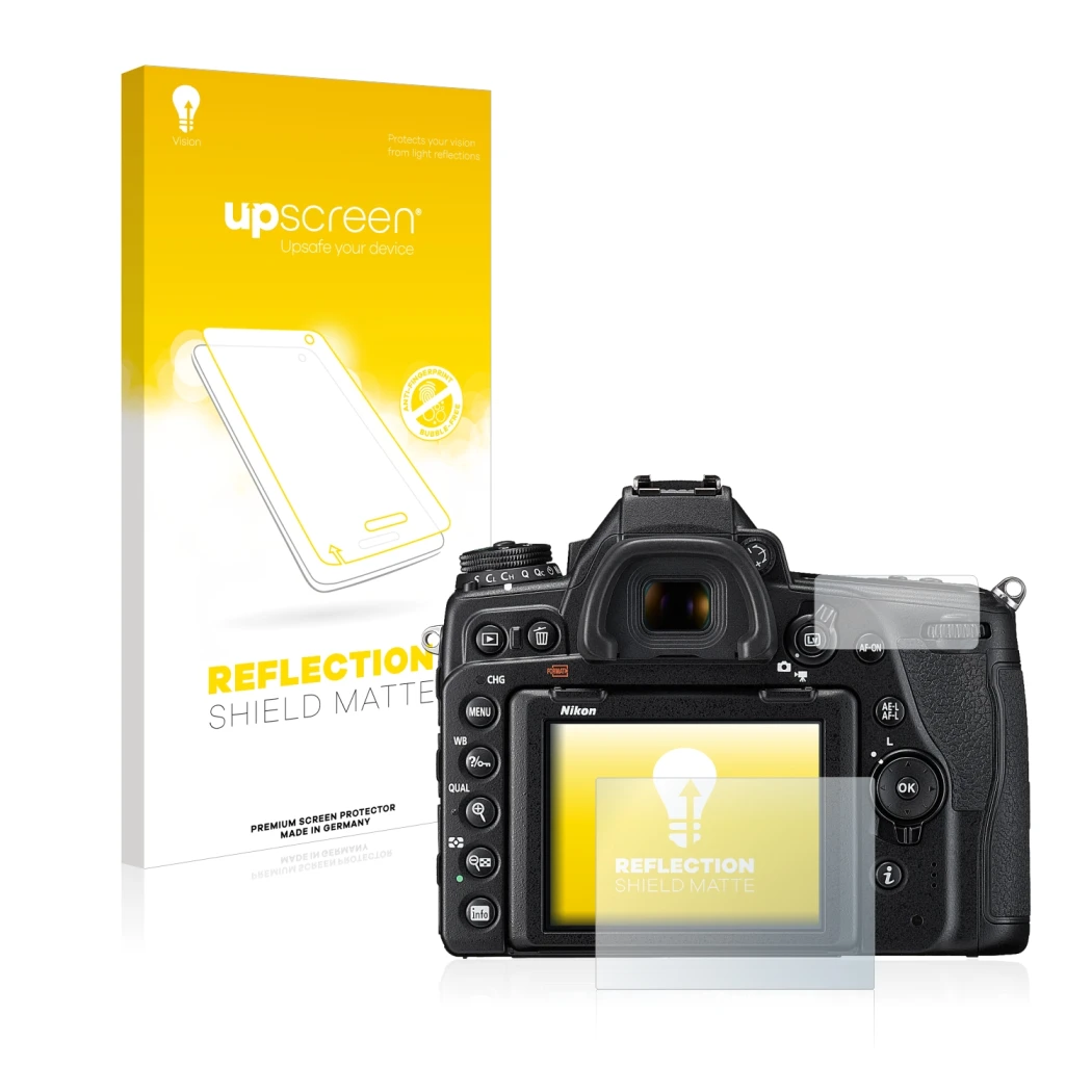 Parte frontale di una confezione del prodotto con il logo del marchio upscreen. Accanto è raffigurato il dispositivo Nikon D78