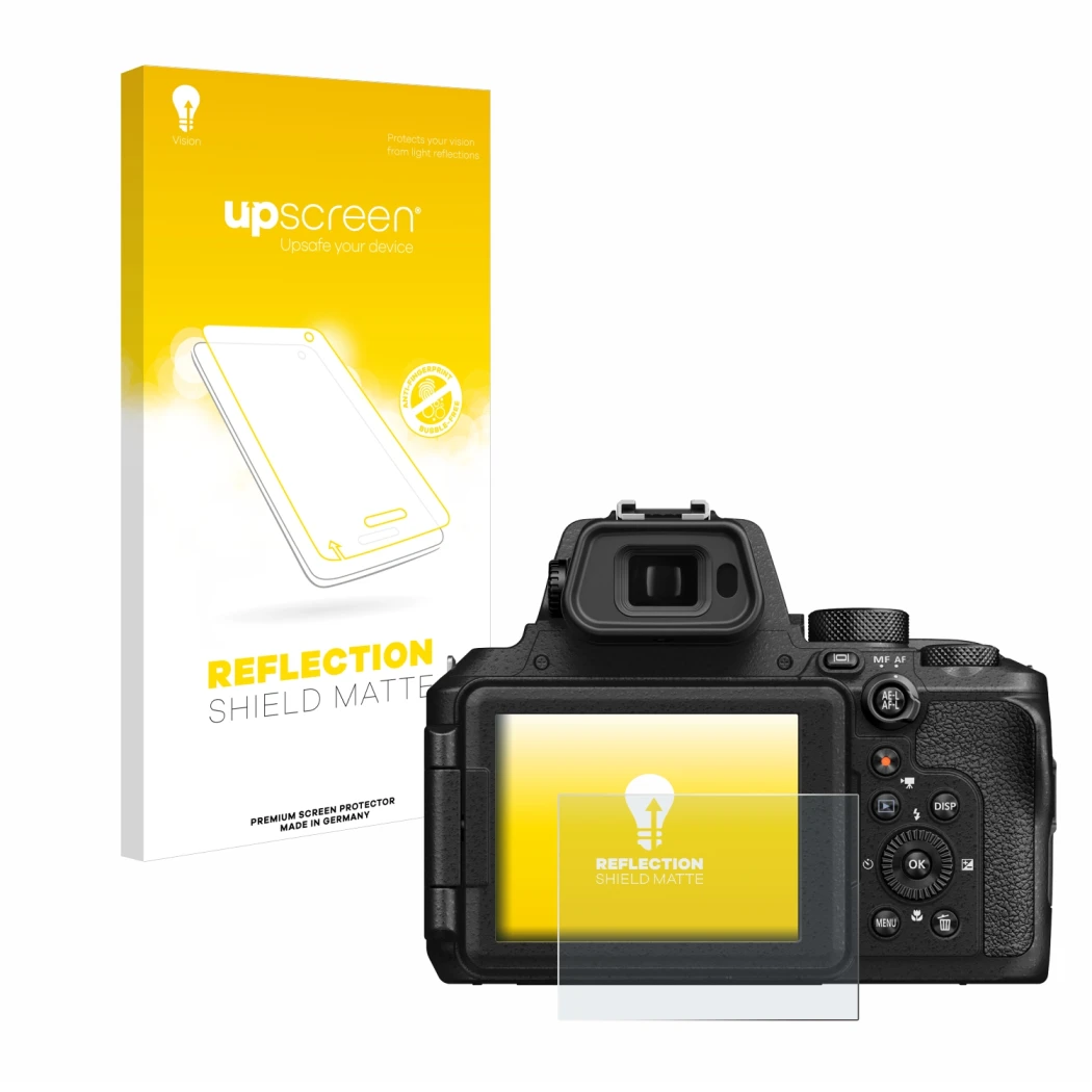 Parte frontale di una confezione del prodotto con il logo del marchio upscreen. Accanto è raffigurato il dispositivo Nikon Coo