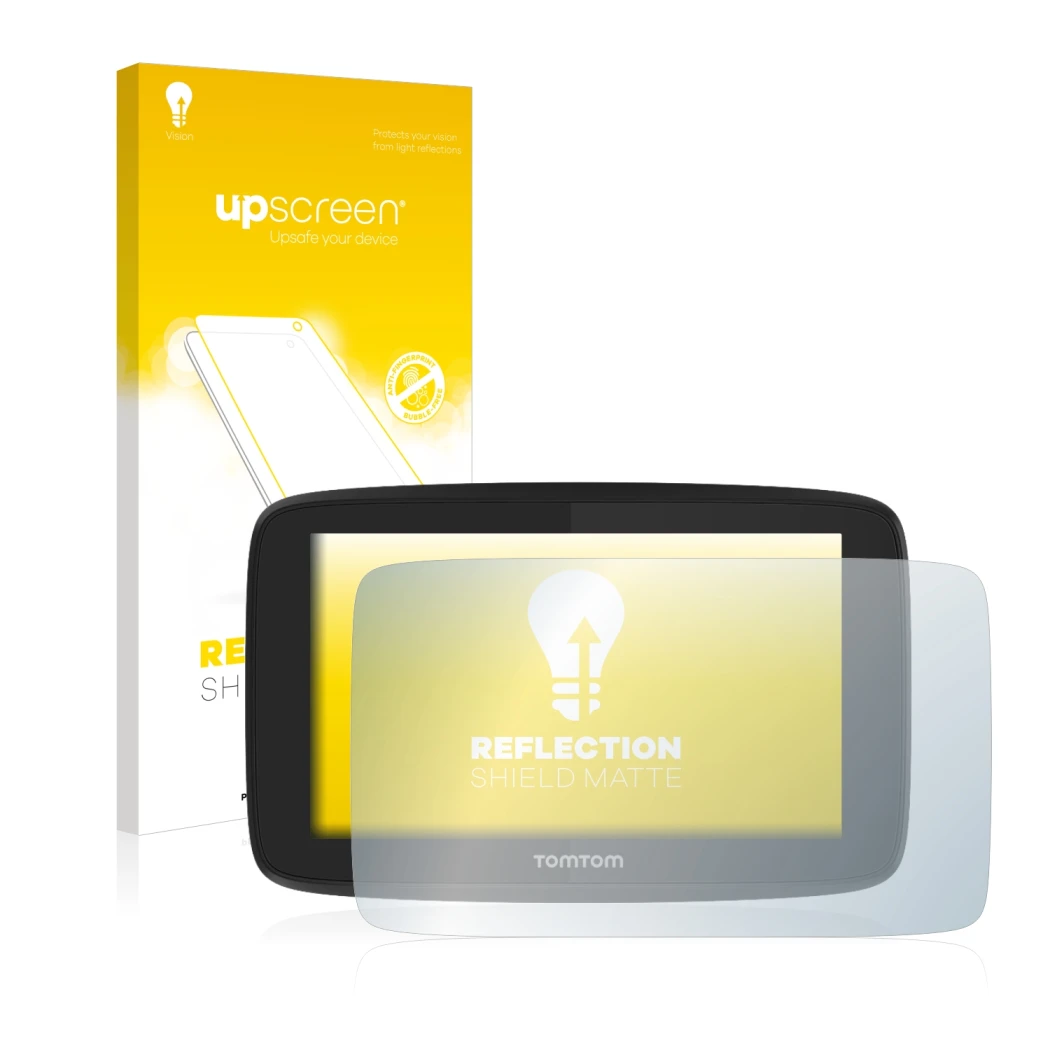 Parte frontale di una confezione del prodotto con il logo del marchio upscreen. Accanto è raffigurato il dispositivo TomTom Go