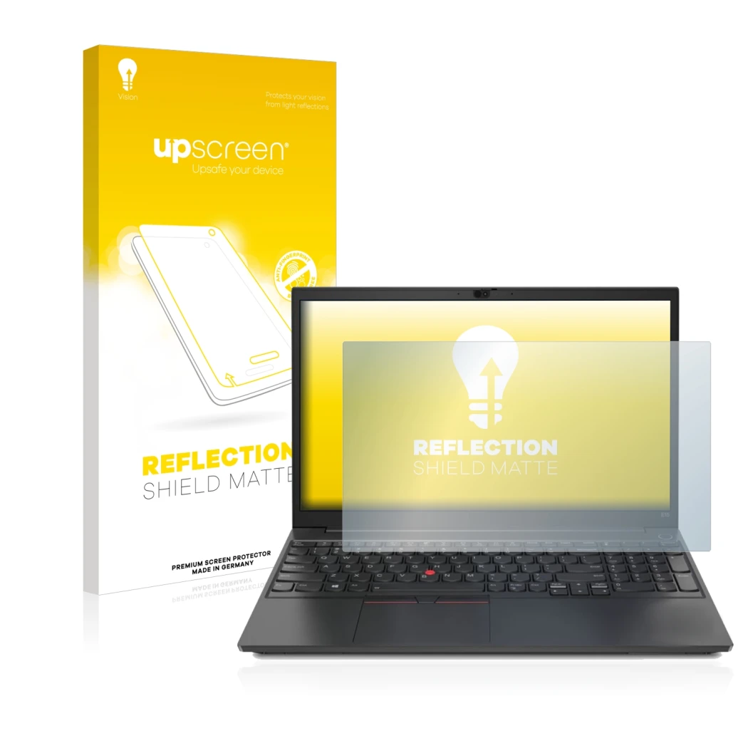 Parte frontale di una confezione del prodotto con il logo del marchio upscreen. Accanto è raffigurato il dispositivo Lenovo Th