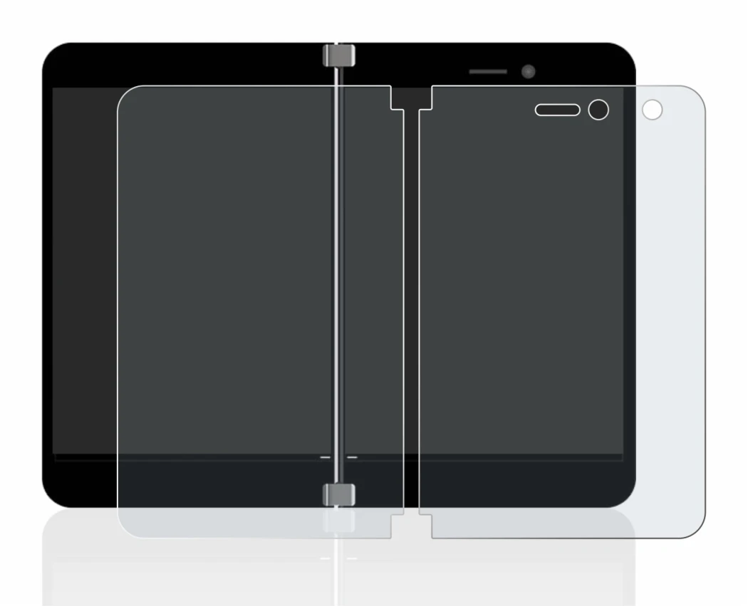 Immagine del dispositivo Microsoft Surface Duo con un'ampia varietà di protezioni per lo schermo.