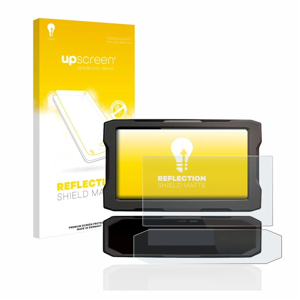 Parte frontale di una confezione del prodotto con il logo del marchio upscreen. Accanto è raffigurato il dispositivo Honda CRF