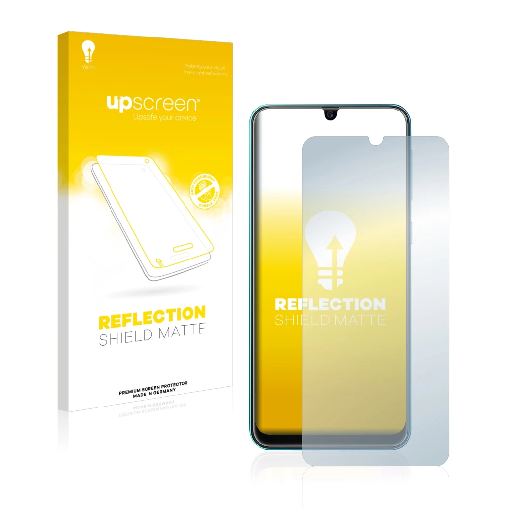 Parte frontale di una confezione del prodotto con il logo del marchio upscreen. Accanto è raffigurato il dispositivo Samsung G