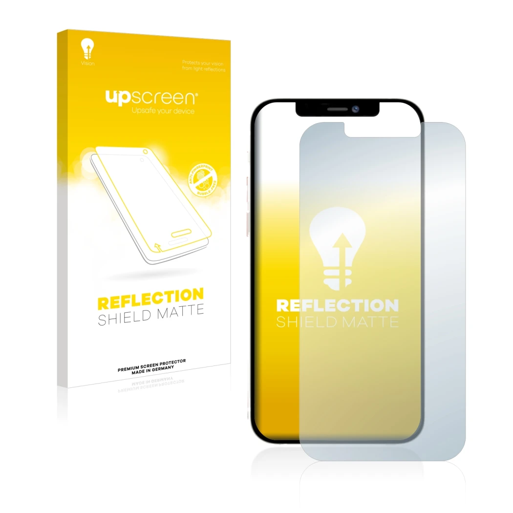 Parte frontale di una confezione del prodotto con il logo del marchio upscreen. Accanto è raffigurato il dispositivo Apple iPh