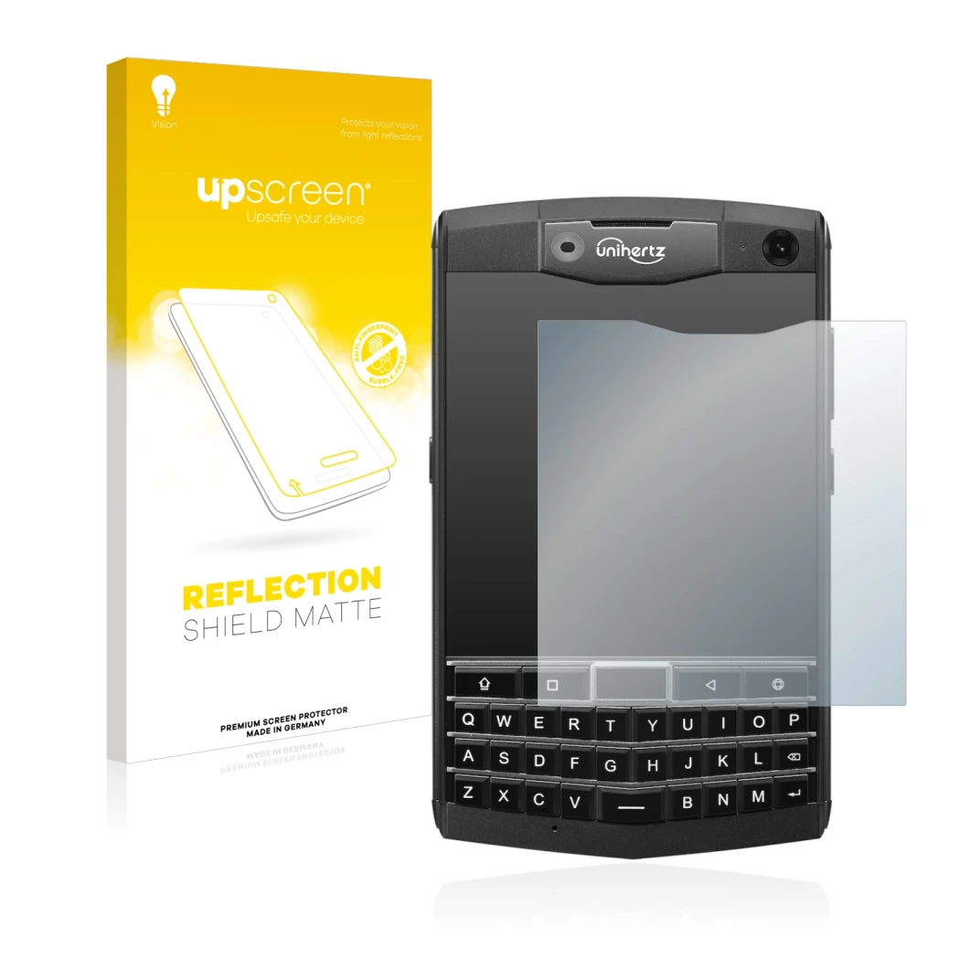 Parte frontale di una confezione del prodotto con il logo del marchio upscreen. Accanto è raffigurato il dispositivo Unihertz