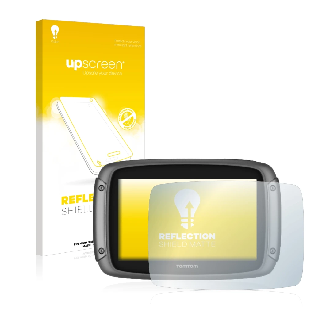 Parte frontale di una confezione del prodotto con il logo del marchio upscreen. Accanto è raffigurato il dispositivo TomTom Ri