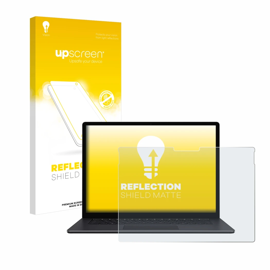 Parte frontale di una confezione del prodotto con il logo del marchio upscreen. Accanto è raffigurato il dispositivo Microsoft
