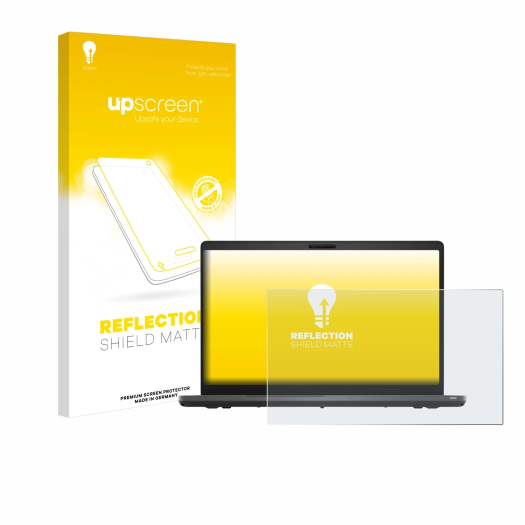 Parte frontale di una confezione del prodotto con il logo del marchio upscreen. Accanto è raffigurato il dispositivo Dell Lati