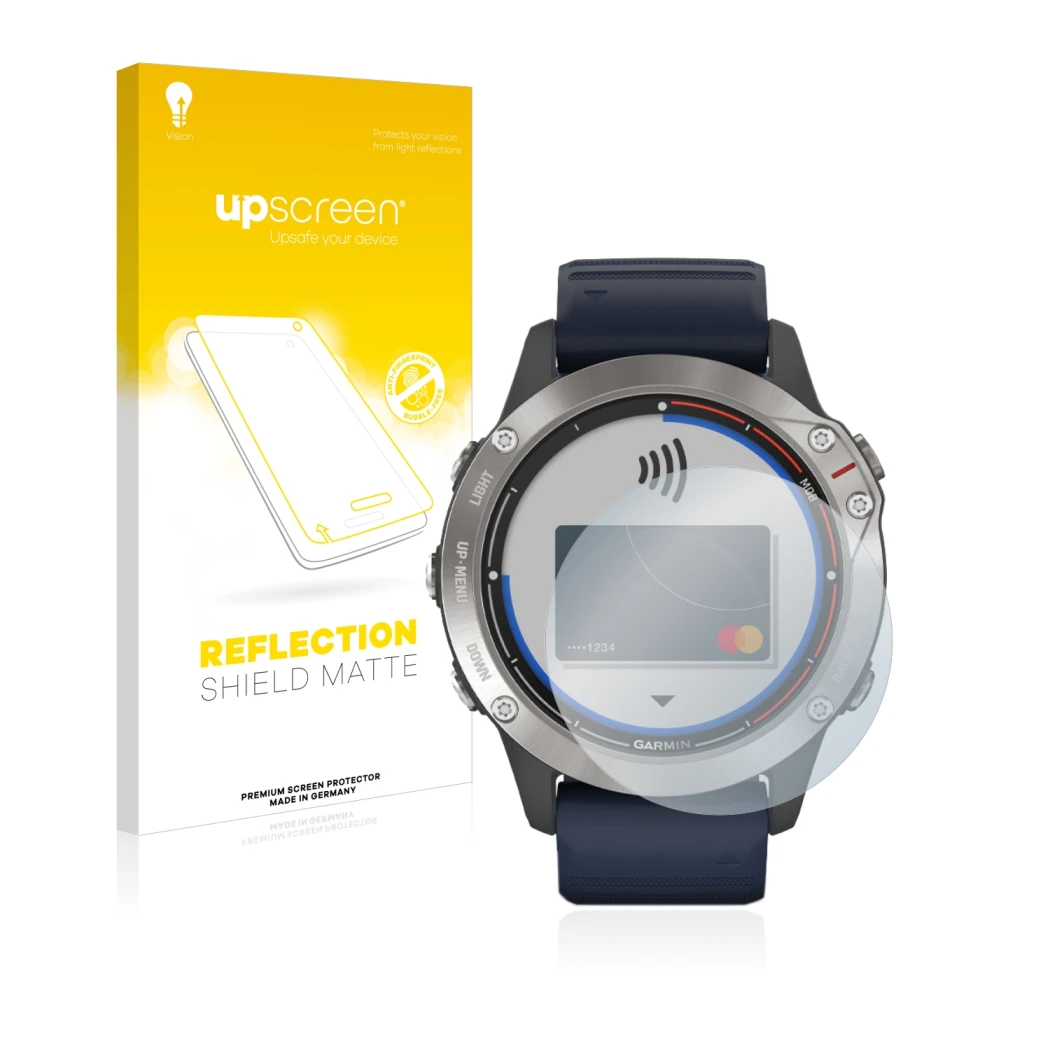 Parte frontale di una confezione del prodotto con il logo del marchio upscreen. Accanto è raffigurato il dispositivo Garmin qu
