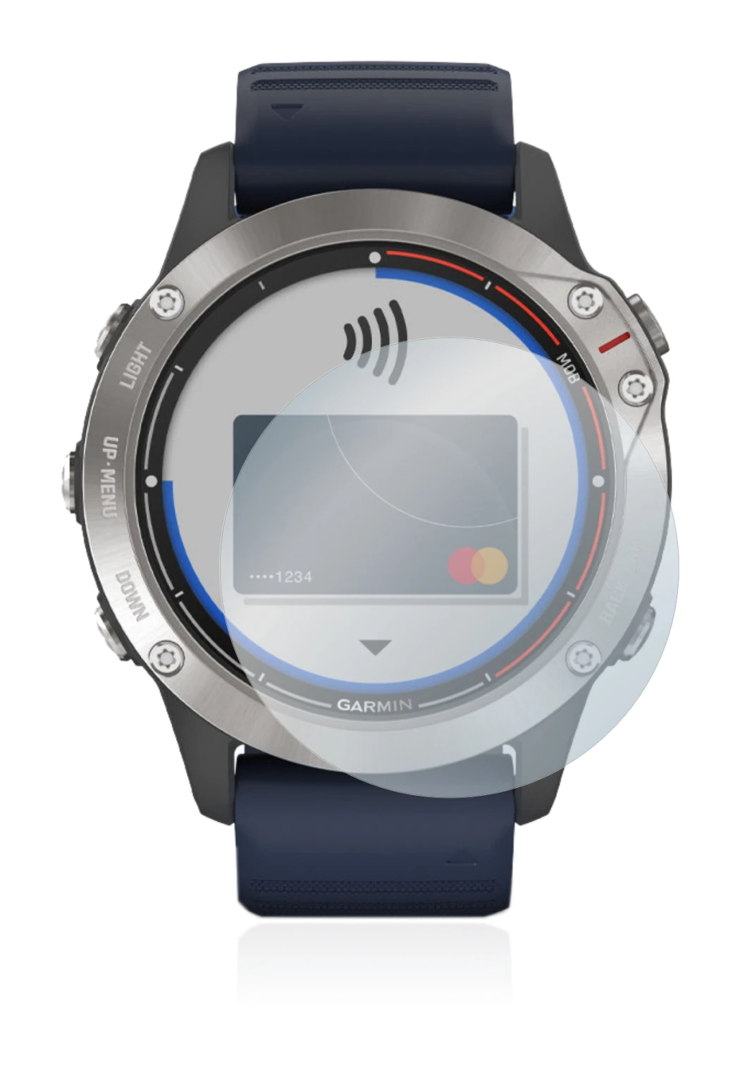 Immagine del dispositivo Garmin quatix 6 con un'ampia varietà di protezioni per lo schermo.