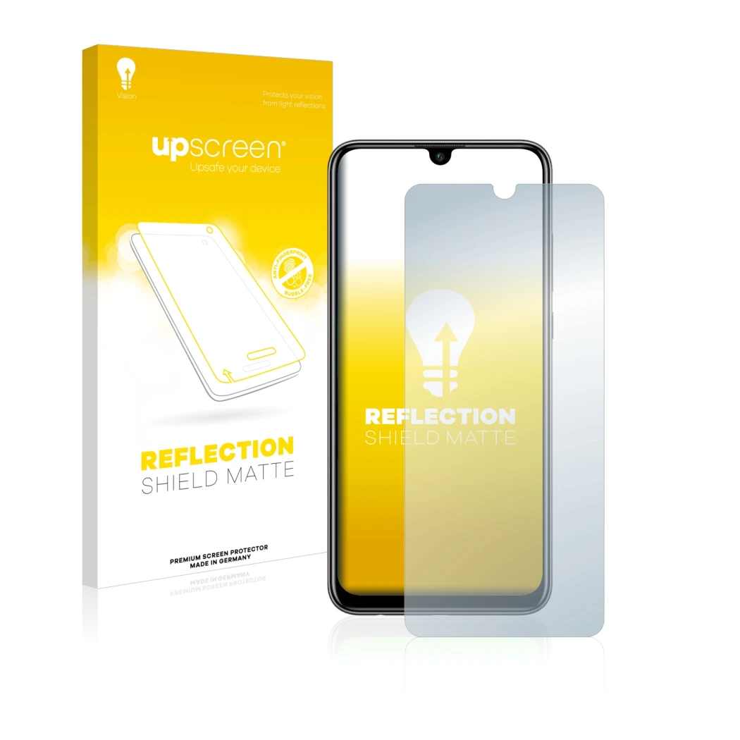Parte frontale di una confezione del prodotto con il logo del marchio upscreen. Accanto è raffigurato il dispositivo Huawei P