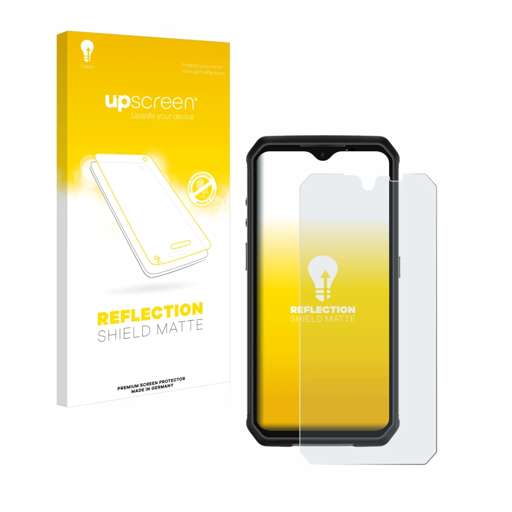 Parte frontale di una confezione del prodotto con il logo del marchio upscreen. Accanto è raffigurato il dispositivo Ulefone A